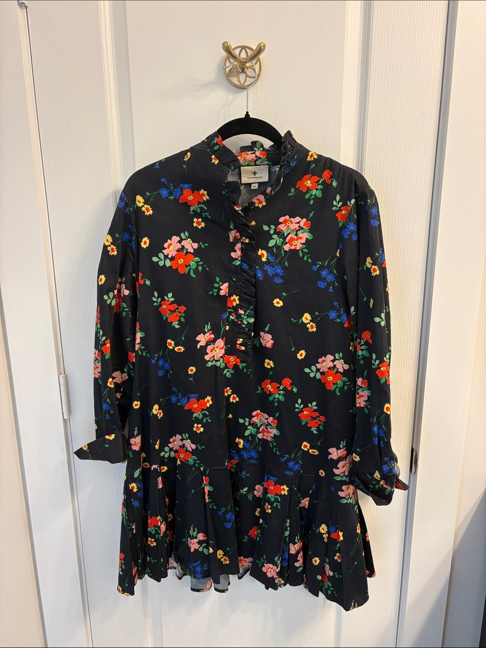 Tuckernuck Black Floral Ruffle-Front Long-Sleeve Dress